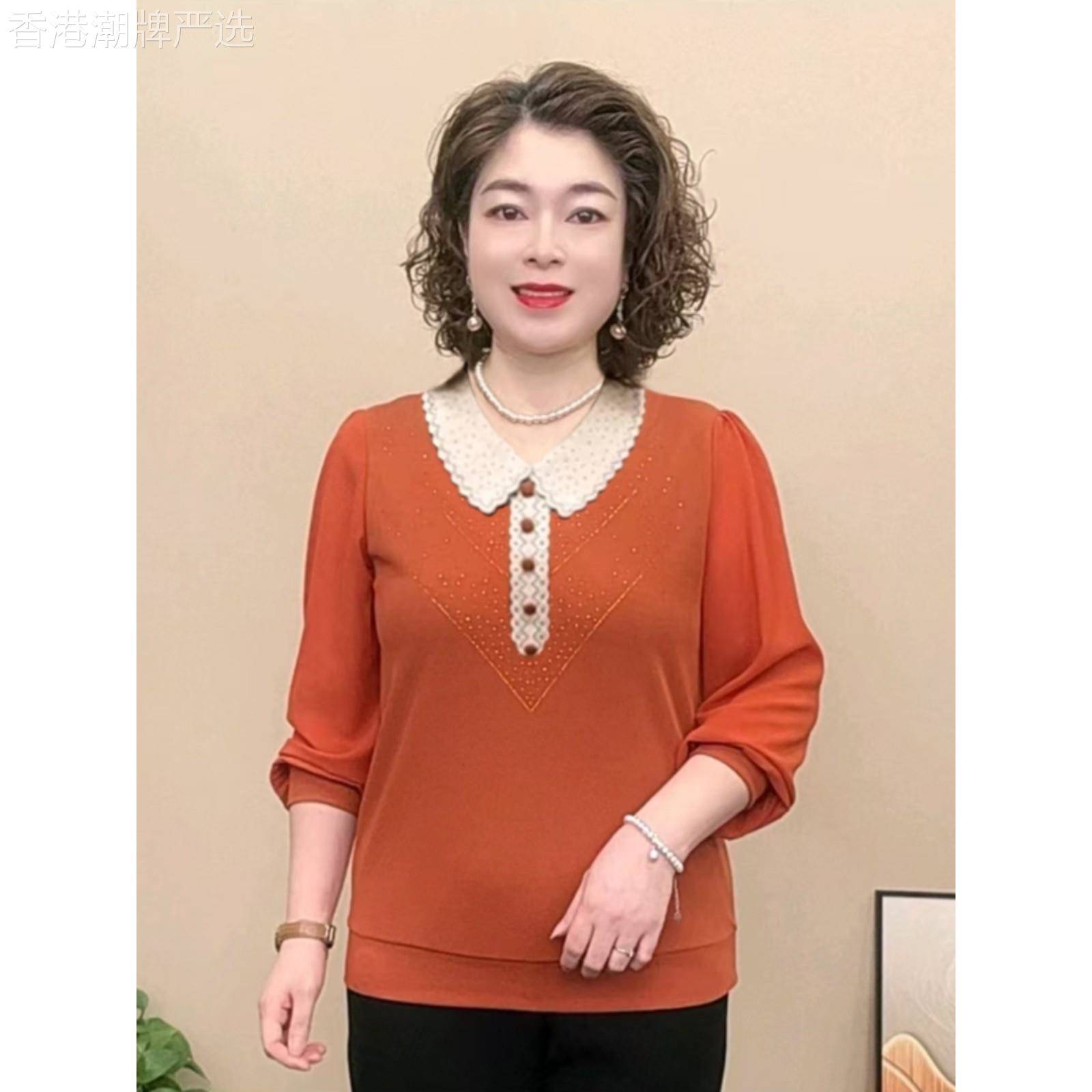 韩国2025秋季新款短袖娃娃领烫钻小衫中老年女装洋气妈妈t恤翻领