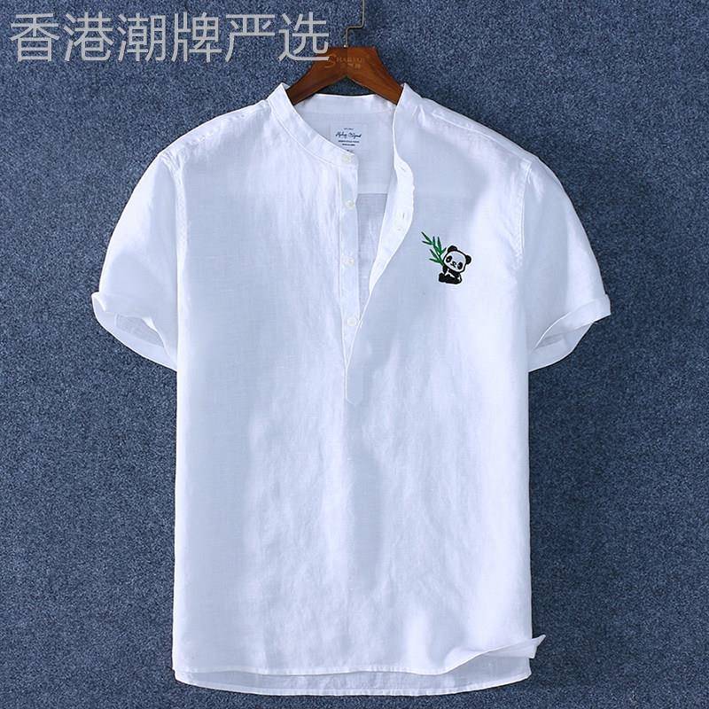 香港夏薄款纯亚麻立领衬衫男短袖刺绣圆领白衬衣男上衣T恤