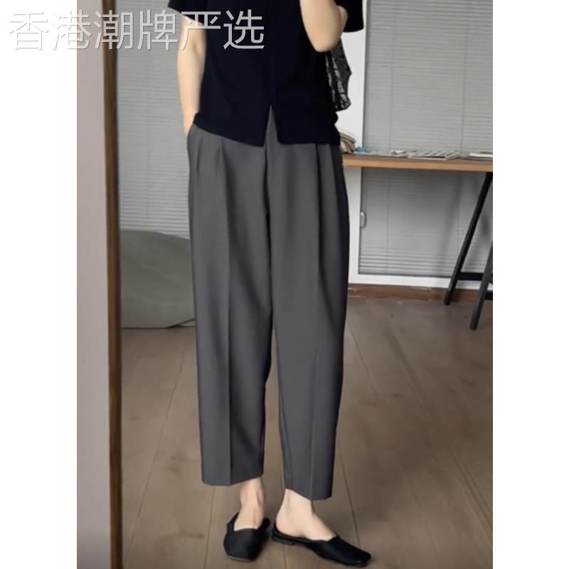 灰色阔腿西装裤女夏季薄款高腰显瘦大码窄版小个子休闲哈伦九分裤