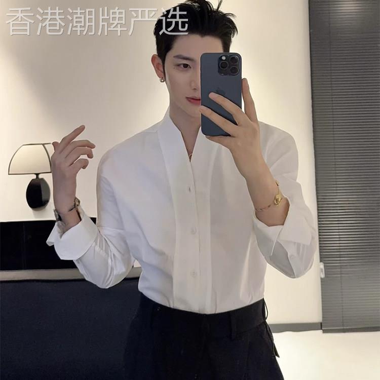 2026轻熟风法式V领垫肩衬衫男士夏季雅痞修身无领休闲长袖衬衫