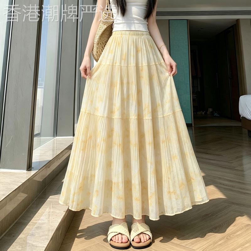 雪纺扎染百褶半身裙女2026年夏季新款高腰显瘦垂感a字印花长裙子