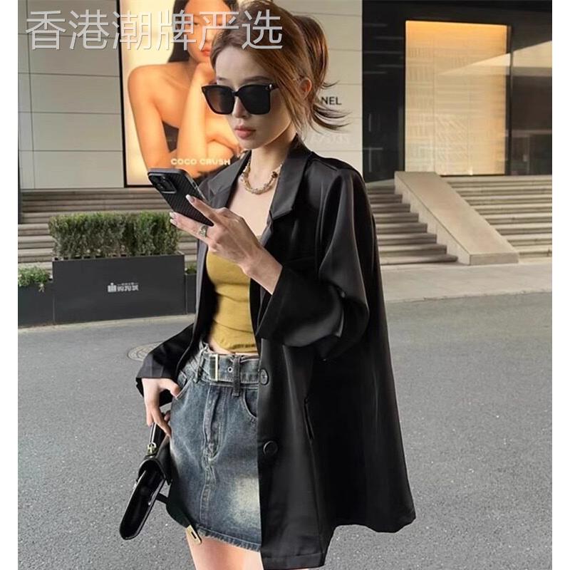 黑色薄款西装外套女装2025春季新款高级感轻奢气质缎面小西服上衣
