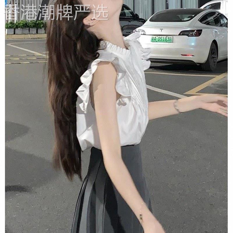 小飞袖上衣女士夏季欧货荷叶边娃娃衫薄款小个子衬衣甜美无袖衬衫