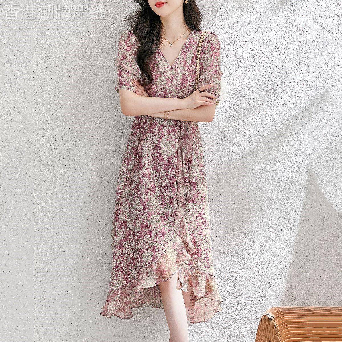 雪纺洋装女2025夏季新款荷叶边拼接收腰显瘦a字V领复古碎花裙子