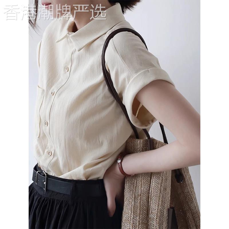 欧洲站短袖棉麻衬衫女2026新款夏季法式小个子宽松职业通勤衬衫潮