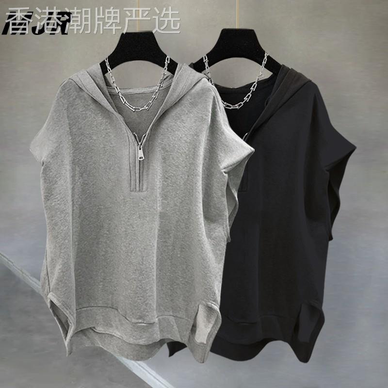 纯色休闲连帽无袖t恤夏季ins学生百搭宽松半拉链小众男女坎肩背心