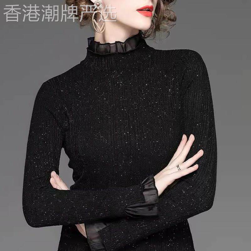 黑色蕾丝拼接上衣女秋冬欧货亮丝修身喇叭袖内搭长袖针织衫毛衣