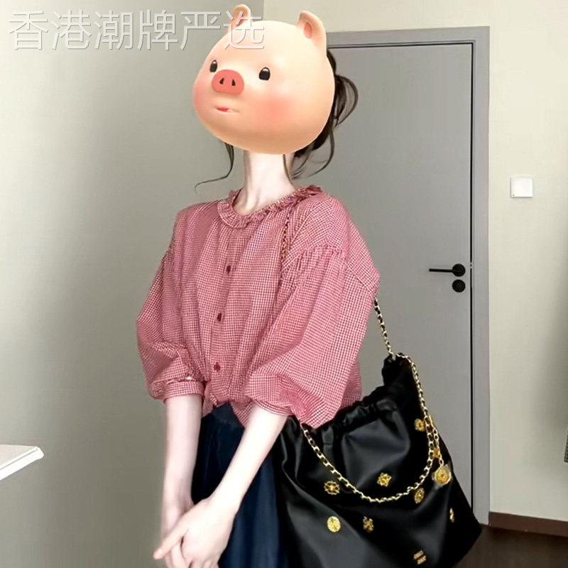 法式泡泡袖红色格纹衬衫女2026夏季新款小个子独特超好看漂亮上衣