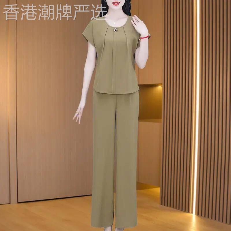 2026夏季新款中年妈妈冰丝时尚气质短袖套装女高腰宽松裤子两件套