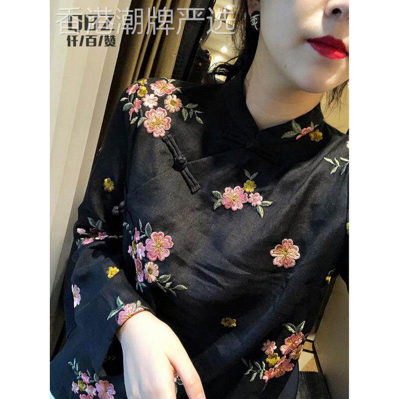 中式盘扣上衣女长袖春秋季覆古改良旗袍苎麻衬衣刺绣气质立领衬衫