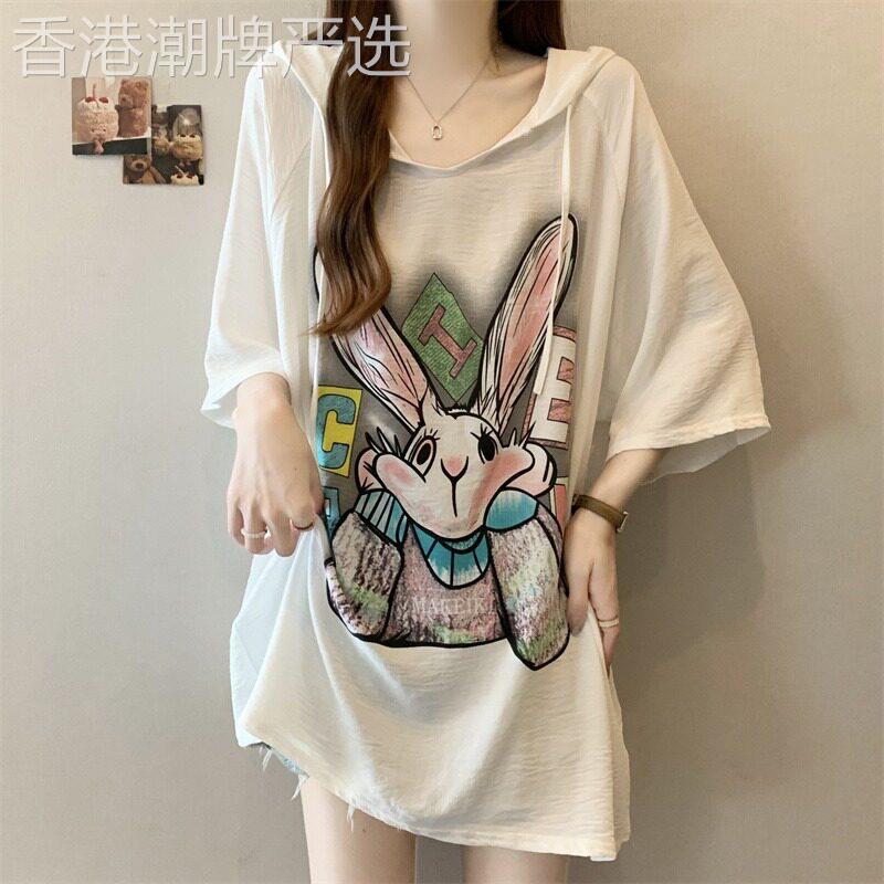 卡通印花短袖t恤女夏季薄款宽松显瘦大码胖mm中长款连帽洋气上衣
