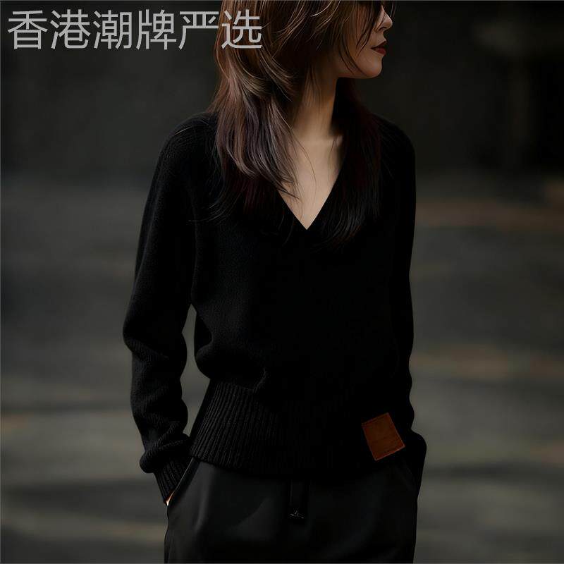 休闲慵懒风黑色V领毛衣女2026春季新款今年流行爆款内搭打底上衣