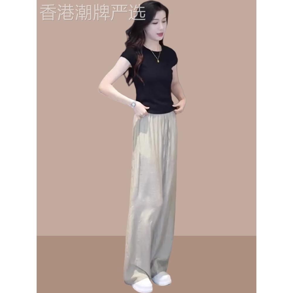 欧洲站夏季2025年新款时尚套装女宽松冰丝短袖t恤阔腿裤两件套潮