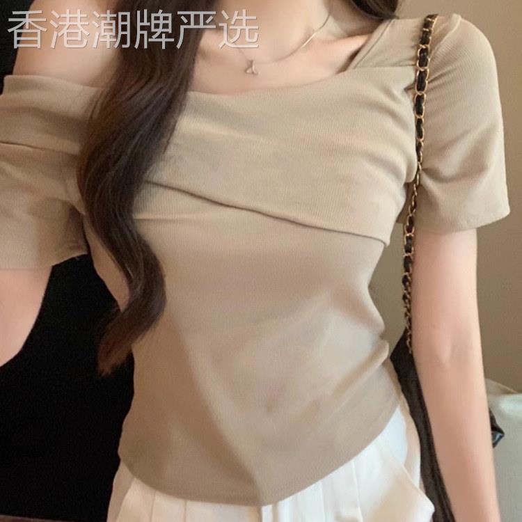 纯欲白色一字领短袖t恤女春夏季新款薄款设计感修身收腰显瘦上衣
