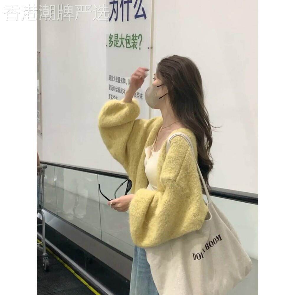 日系秋冬黄色灯笼袖针织开衫女士奶fufu软糯毛衣外套慵懒宽松上衣