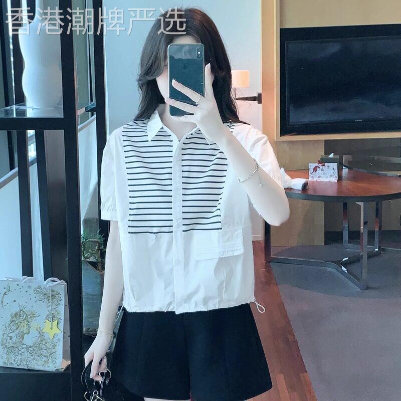 polo领短袖T恤女装夏季2025年新款爆款抽绳宽松条纹雪纺衬衫上衣