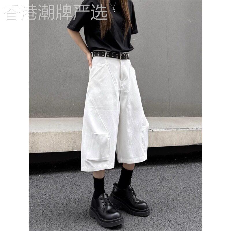 美式弯刀牛仔短裤男女2026夏季新款高街宽松情侣阔腿工装七分裤子