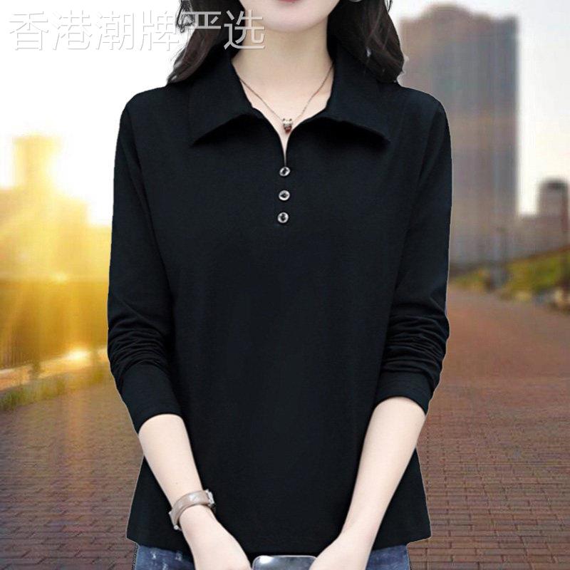 翻领长袖t恤女2025年夏季新款宽松韩版洋派纯棉内搭衣上衣ins潮
