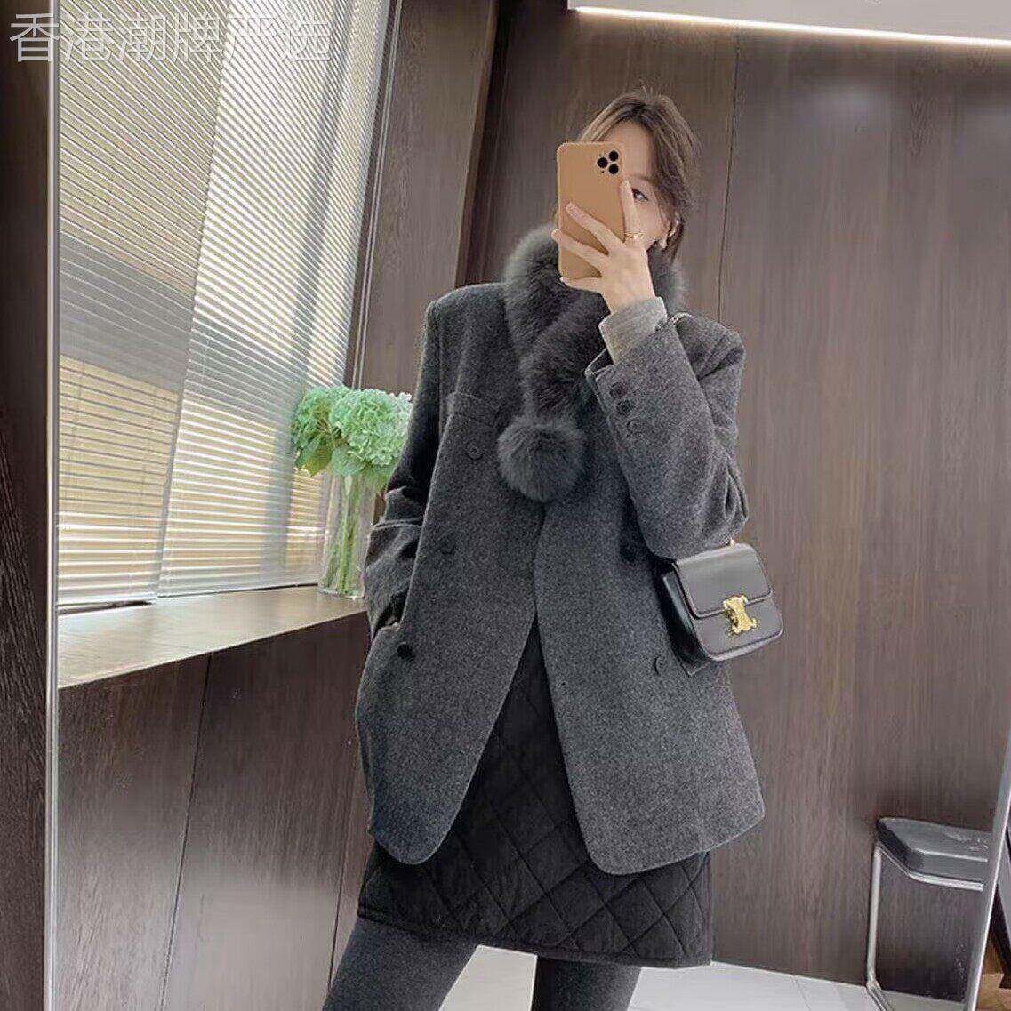 韩系设计感西装羽绒服围巾女2026冬季新宽松显瘦保暖白鸭绒外套
