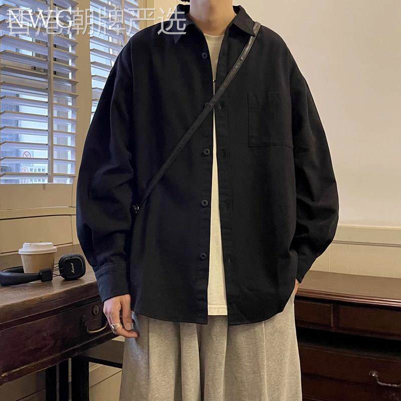 黑色长袖衬衫男潮牌春秋季2025新款美式复古宽松大码衬衣休闲外套