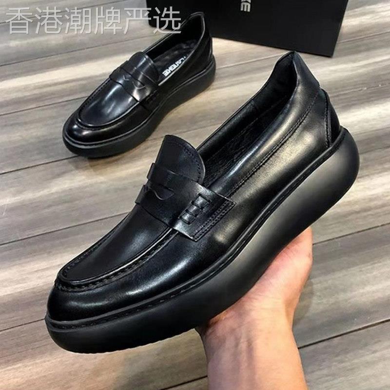 ITiNS增高乐福鞋男款 真皮亮面松糕皮鞋 厚底一脚蹬休闲鞋 头层牛