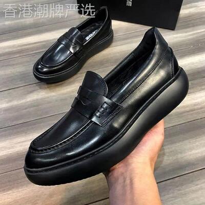 ITiNS增高乐福鞋男款 真皮亮面松糕皮鞋 厚底一脚蹬休闲鞋 头层牛