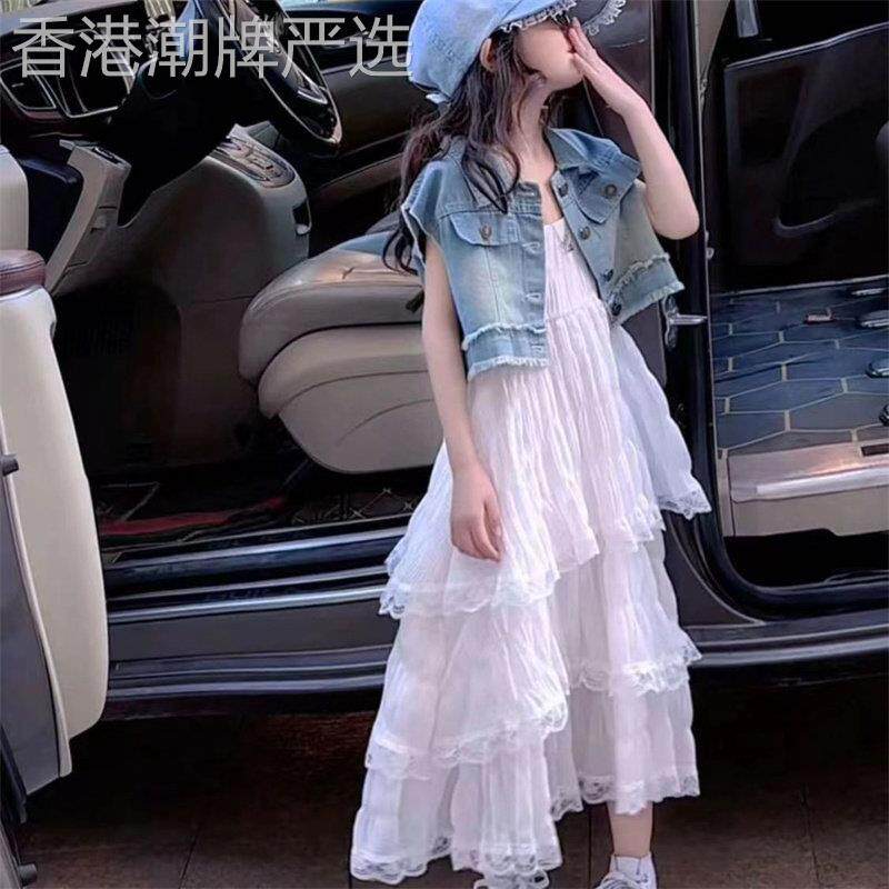 韩国Uamtor夏季女童连衣裙套装洋气中大童牛仔马甲白色吊带蛋糕裙