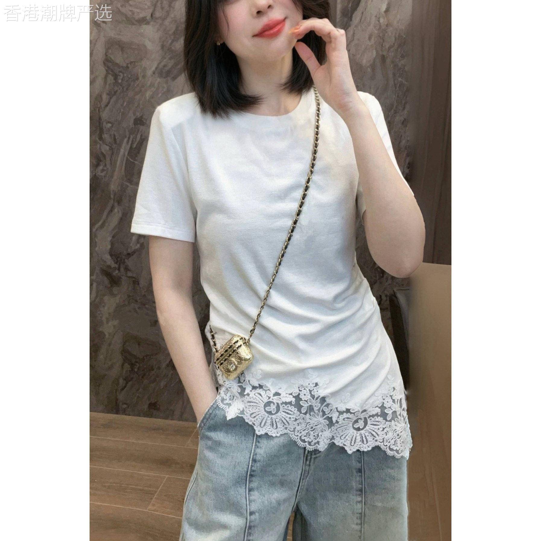 白色短袖T恤女2026夏季新款设计感蕾丝拼接修身显瘦休闲打底上衣