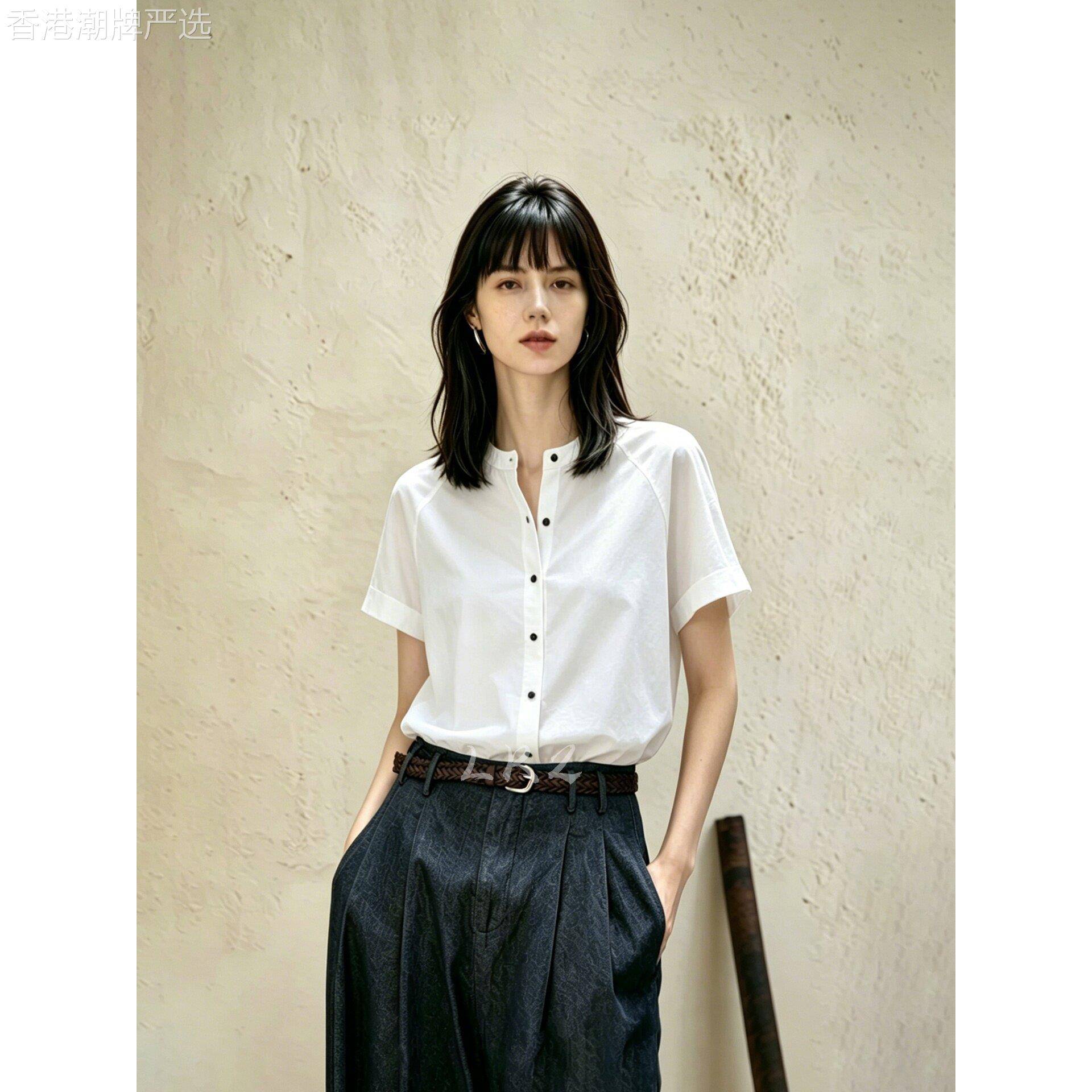 法式白色立领短袖衬衫女设计感钮扣时尚舒适夏新款气质设计感上衣