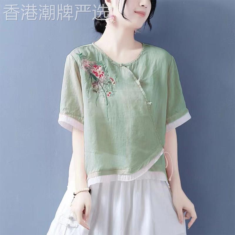 新中式上衣女夏季2025新款覆古设计感民族风刺绣棉麻盘扣半袖衬衫