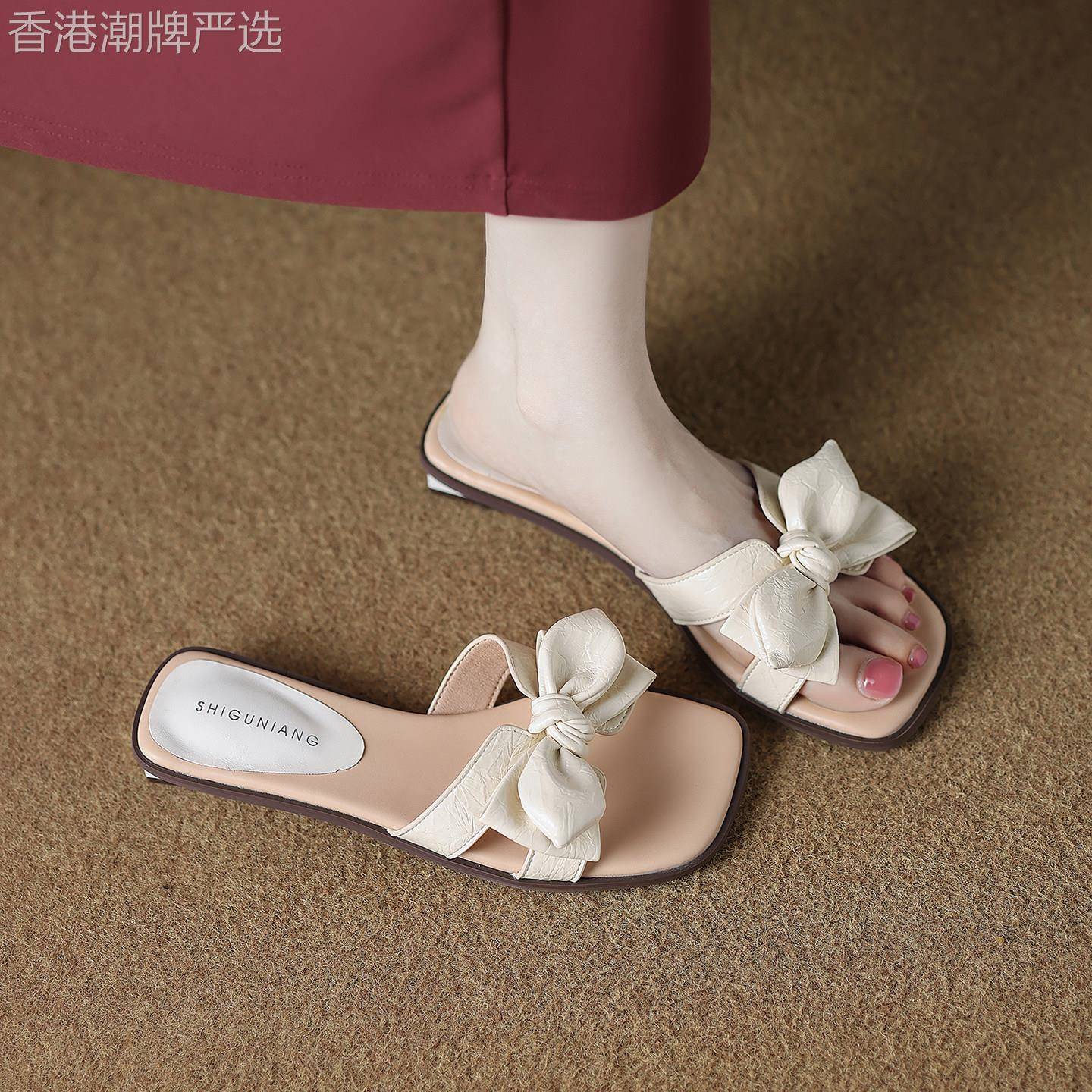 香港真皮厚底凉拖鞋女夏外穿2026新款蝴蝶结增高不累脚沙滩一字拖