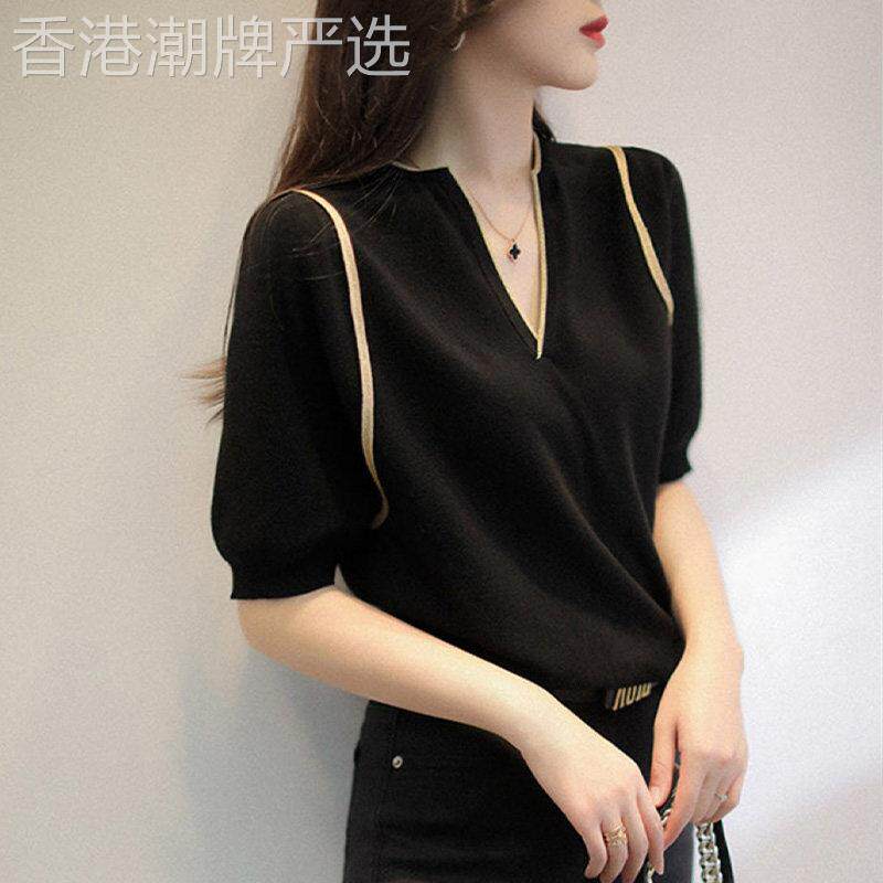 冰丝短袖t恤女夏季薄款2026年新款宽松显瘦V领针织衫黑色半袖上衣
