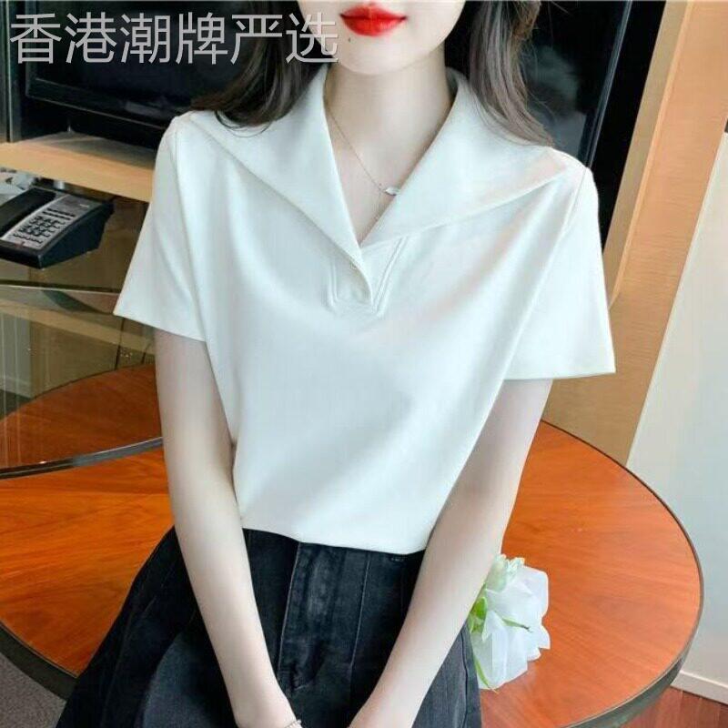 海军领短袖t恤女士夏季2026新款欧货爆款显瘦polo衫正肩雪纺上衣