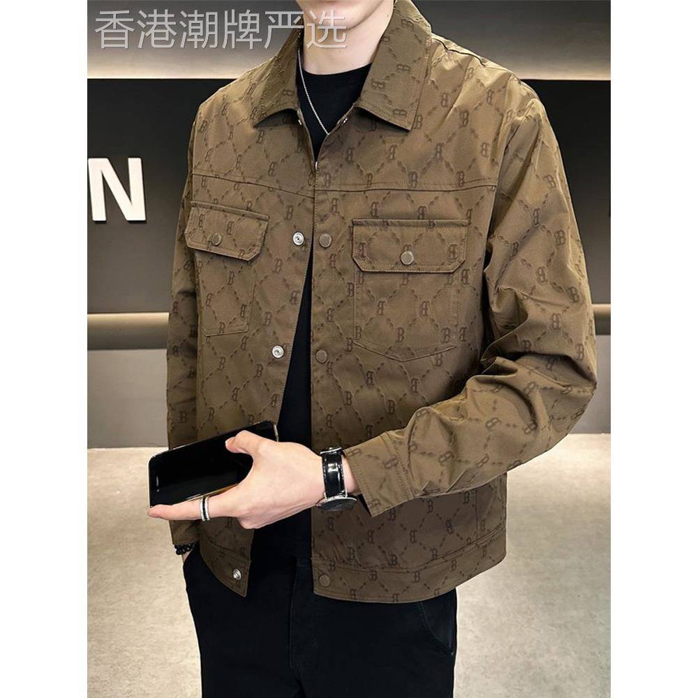 MK夹克外套男2025新款春秋季高端休闲麂皮绒印花翻领男士上衣服潮