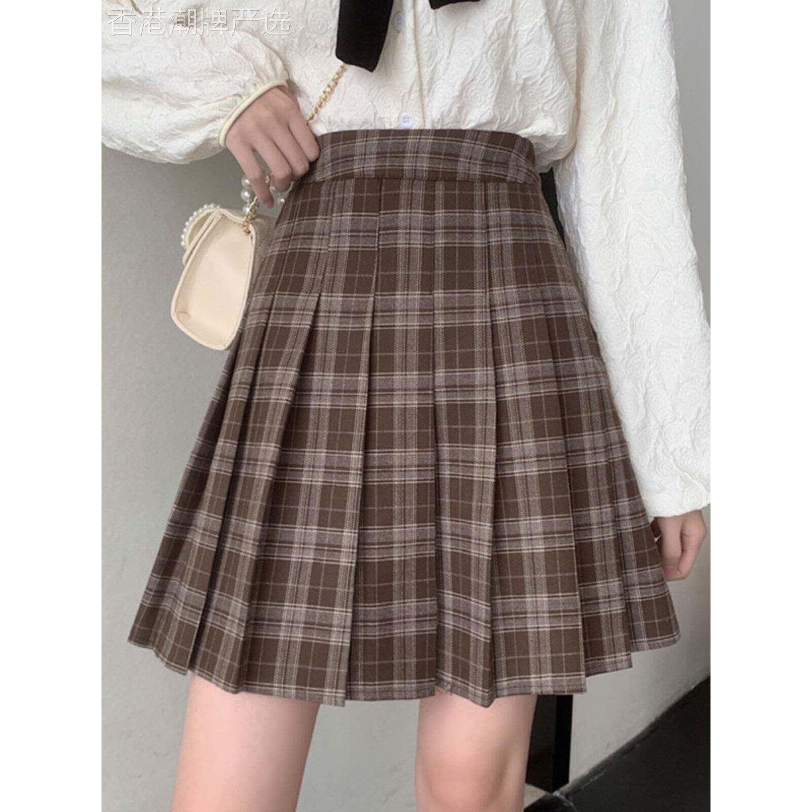 覆古咖色格子百褶裙女秋冬季欧货大码垂感a字裙学院风高腰半身裙