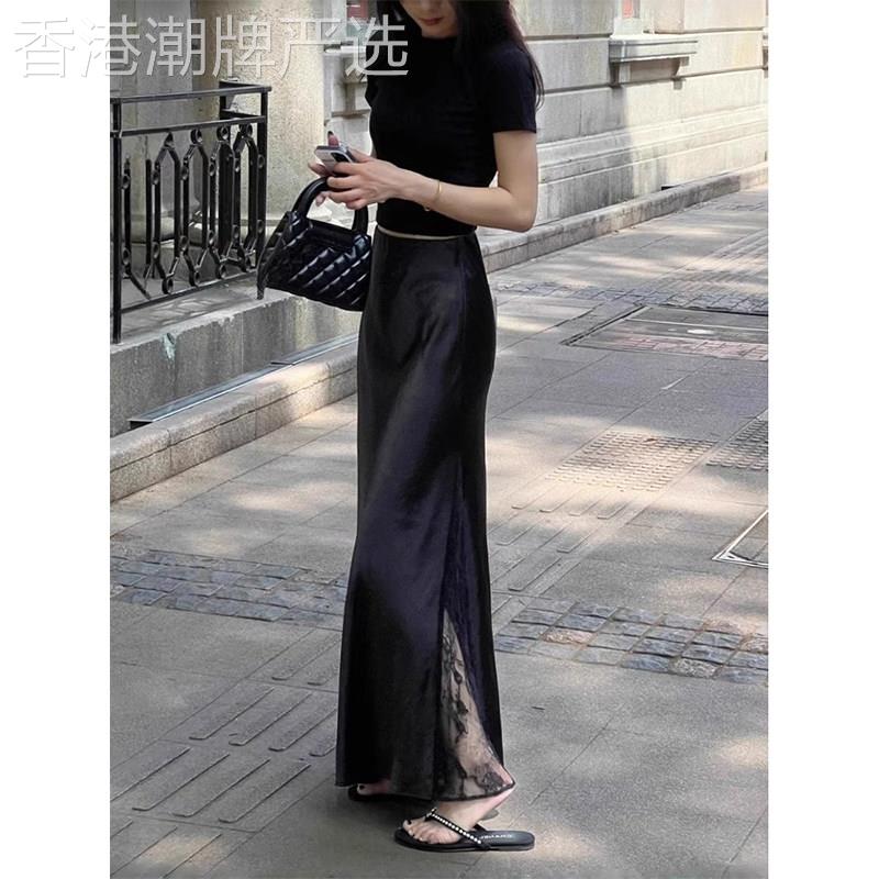 黑色蕾丝拼接半身裙子女2026夏季新款今年流行爆款缎面后妈包臀裙