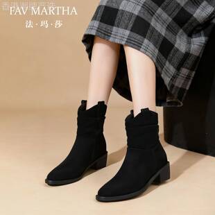 法玛莎尖头堆堆靴女加绒厚底粗跟时尚瘦瘦靴2025新款复古套筒短靴