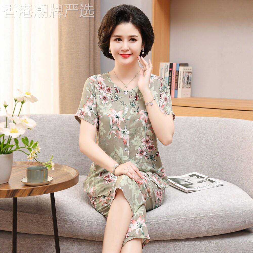 中老年妈妈棉绸套装女夏季人造棉老人奶奶开衫家居服绵绸睡衣薄款
