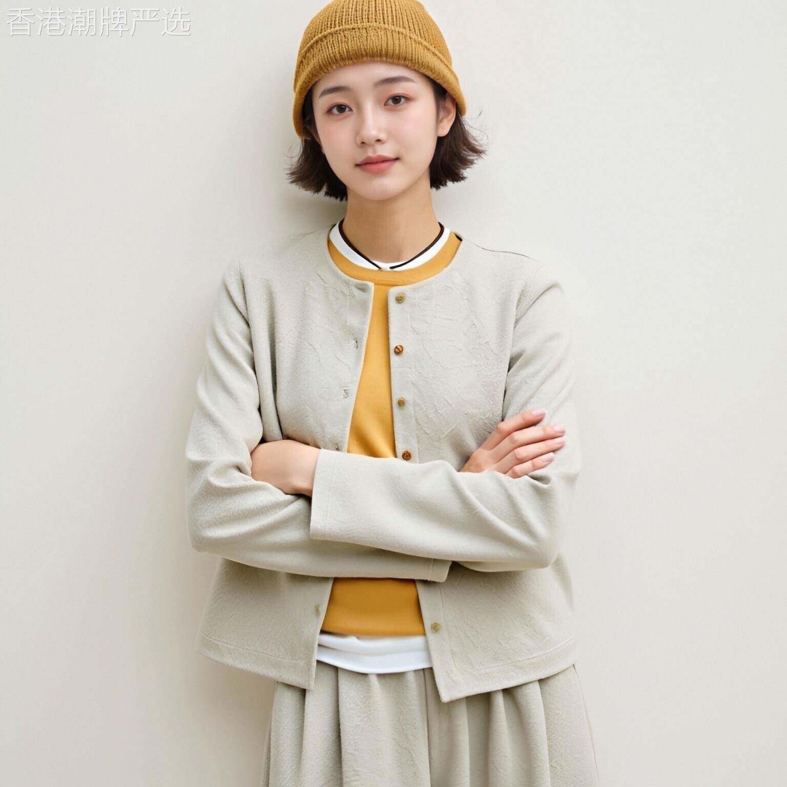 2026春装新品精梳棉混纺肌理感空气层柔软舒适圆领长袖外套女套装