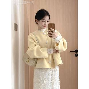 黄色圆领双面羊毛毛呢外套女2025秋季新款高级感穿搭短款呢子大衣