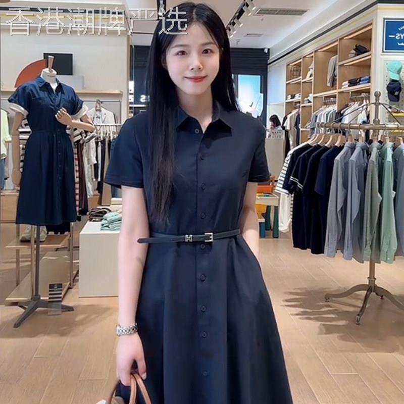 法式深蓝色短袖衬衫洋装女春2026新款高级感大方得体收腰长裙子