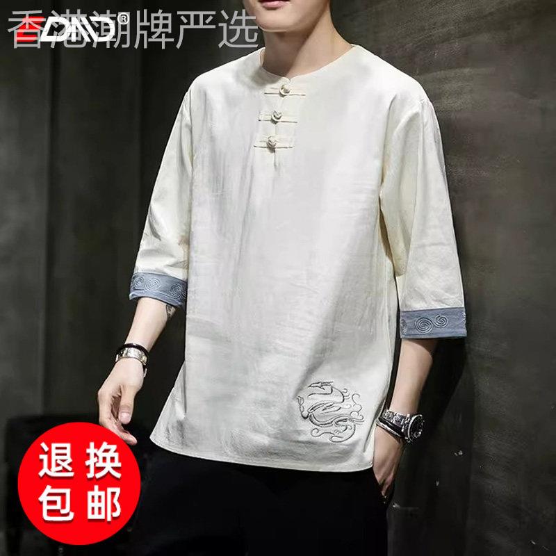 高端亚麻短袖t恤男士2026新款夏季薄款中国风棉麻唐装七分袖男款图片
