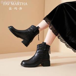 法玛莎气质加绒黑色短靴2025年冬季新款头层牛皮保暖显瘦切尔西靴