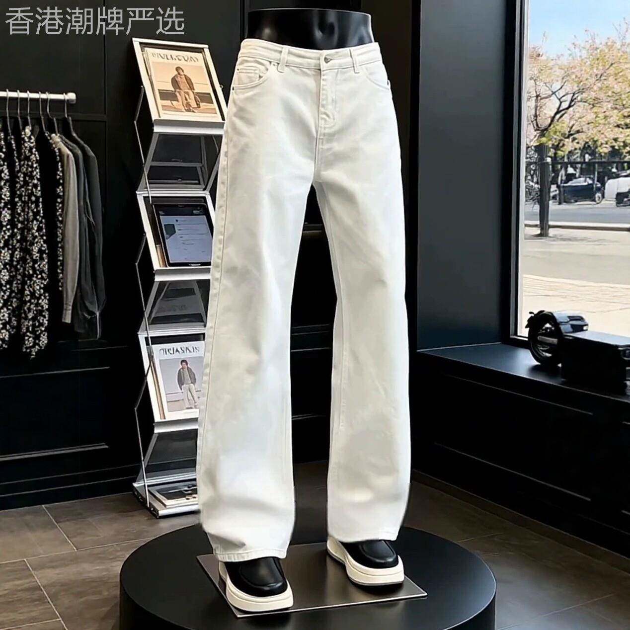 潮牌白色直筒牛仔裤男夏季薄款美式立体装饰中腰提档显瘦微喇裤