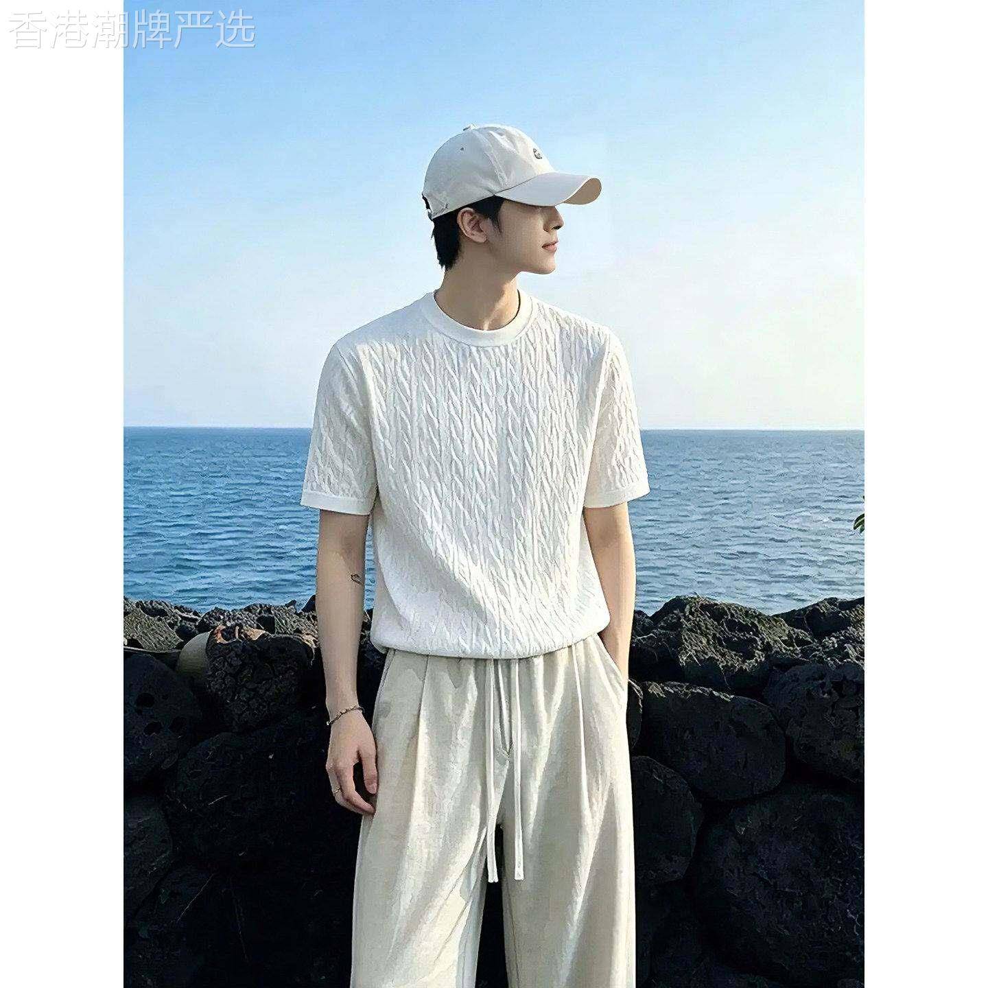 白色美式麻花针织短袖男生夏季人夫感正肩t恤小领口重磅半袖体恤