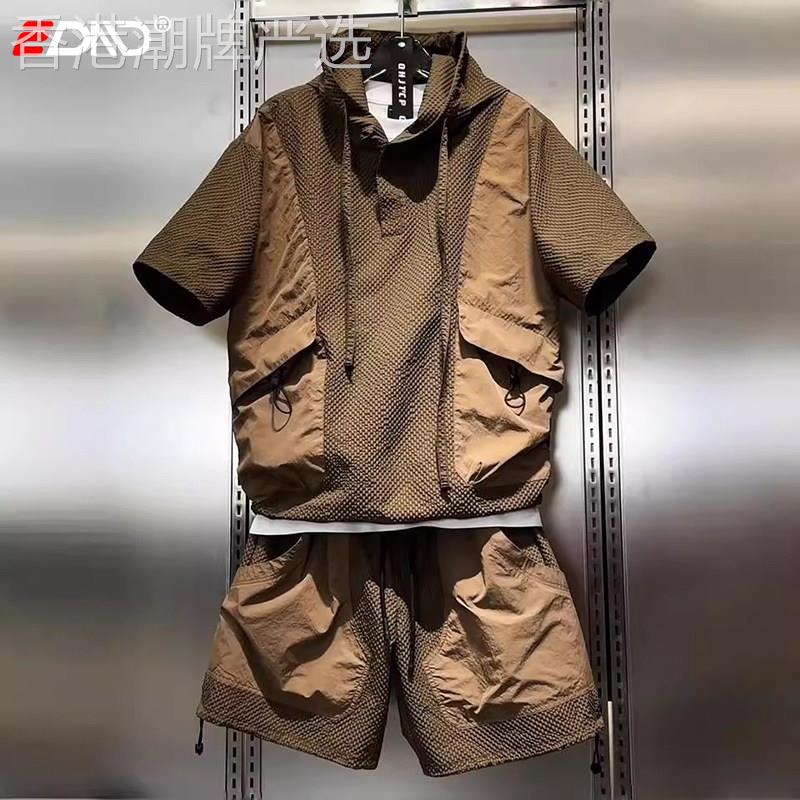 肌理感工装速干运动套装男士2026新款夏季休闲连帽短袖短裤男款潮