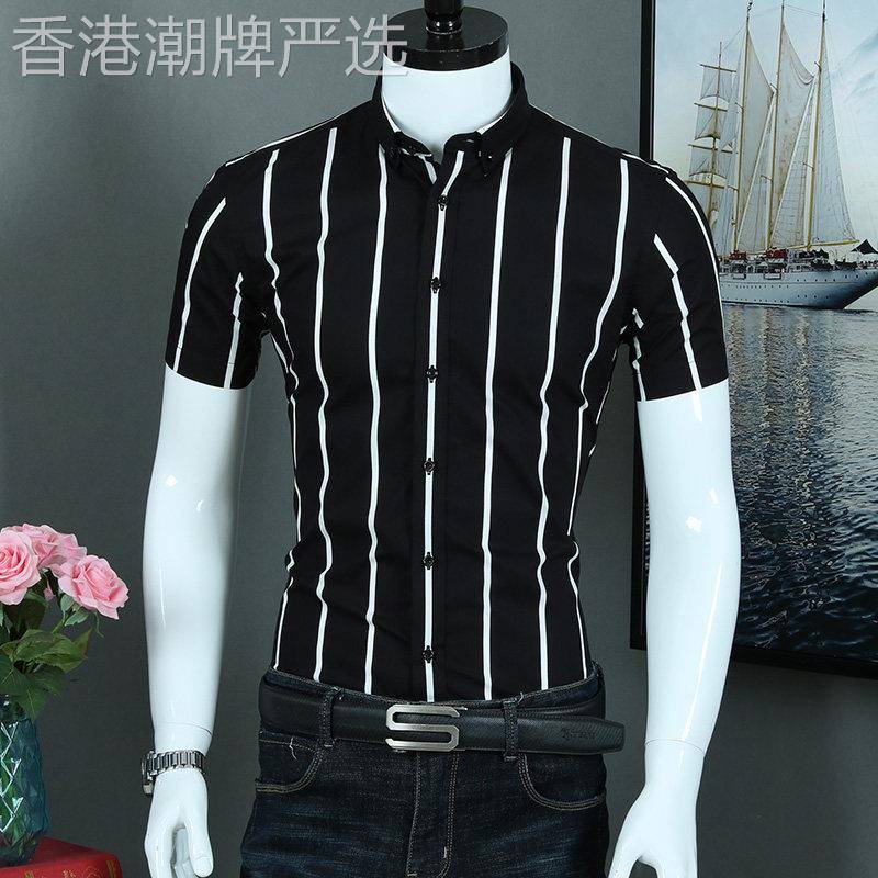潮牌黑白条纹衬衫男短袖夏季修身商务休闲韩版帅气潮流半袖衬衣男