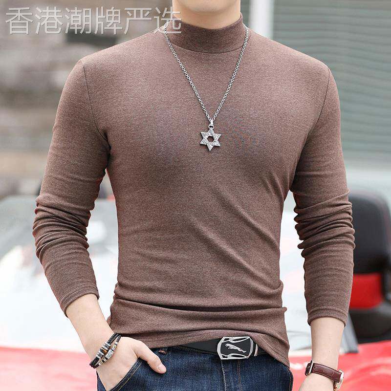 香港修身打底衫男士半高领秋冬纯棉紧身T恤纯色保暖大码长袖秋衣