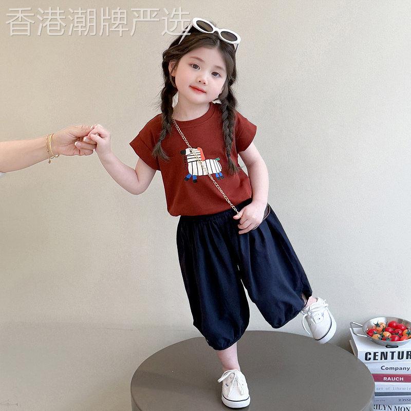 英国DGKP女童夏季套装儿童卡通小马短袖T恤宝宝宽松阔腿防蚊长裤