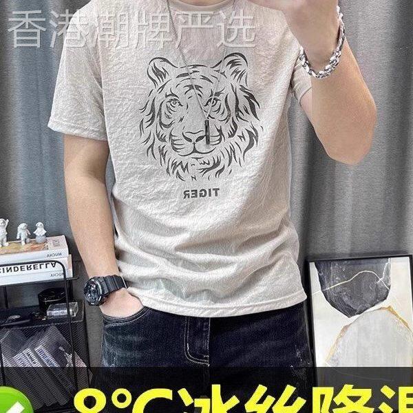 高端亚麻短袖t恤男士2026夏季新款潮牌印花圆领冰丝棉麻半袖上衣